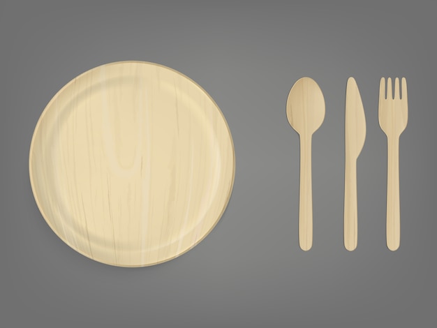 Disposable wooden tableware realistic vector set