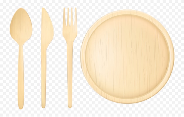 Disposable wooden tableware realistic vector set