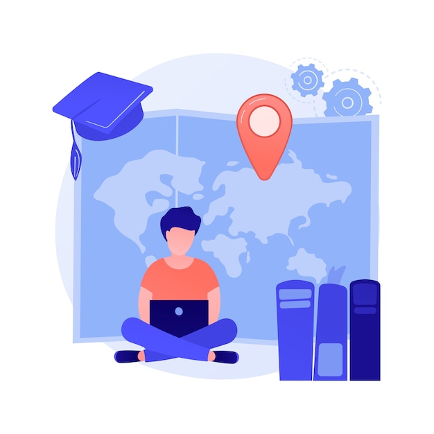 Distance university courses. academic degree, self education, internet classes. school online lessons, e learning. college student cartoon character