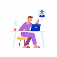 Free vector distant learning flat illustration with character studying online at home