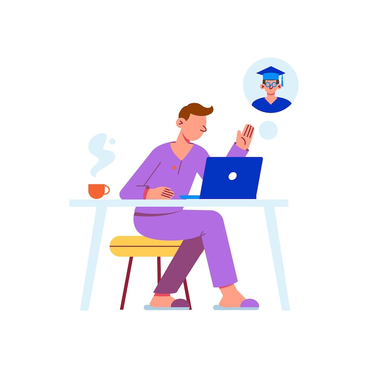 Free Vector distant learning flat illustration with character studying online at home