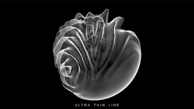 Distorted line spheres. thin line glitch geometry. Digital fractal 3d swirl. Futuristic sound or data waveform.