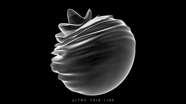 distorted line spheres. thin line glitch geometry. digital fractal 3d swirl. futuristic sound or data waveform.