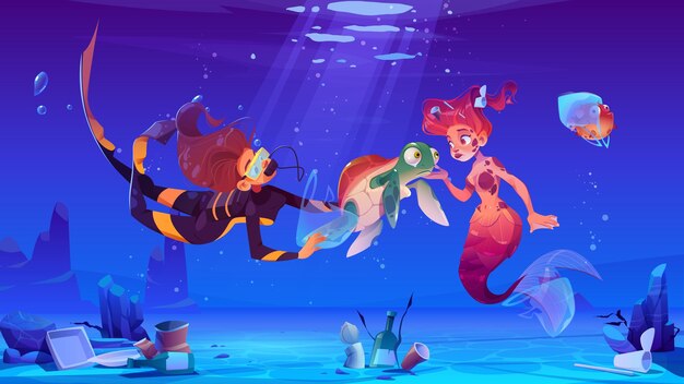 Diver girl and mermaid help underwater animals living in polluted water with plastic garbage