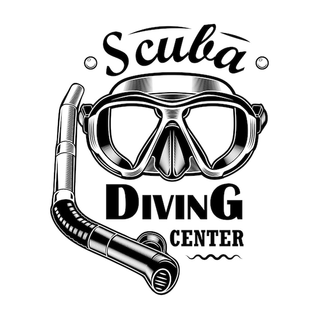 Diver mask and tube vector illustration. Scuba diving center text. Seaside activity concept for snorkeling or diving club emblems or labels templates