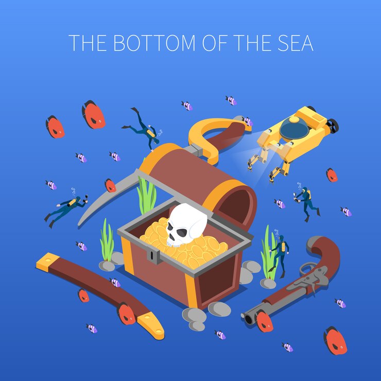 Free Vector divers during study of treasure of sea bottom isometric composition vector illustration