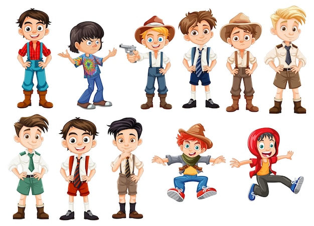 Vettore gratuito diversi ragazzi dei cartoni animati in abiti diversi