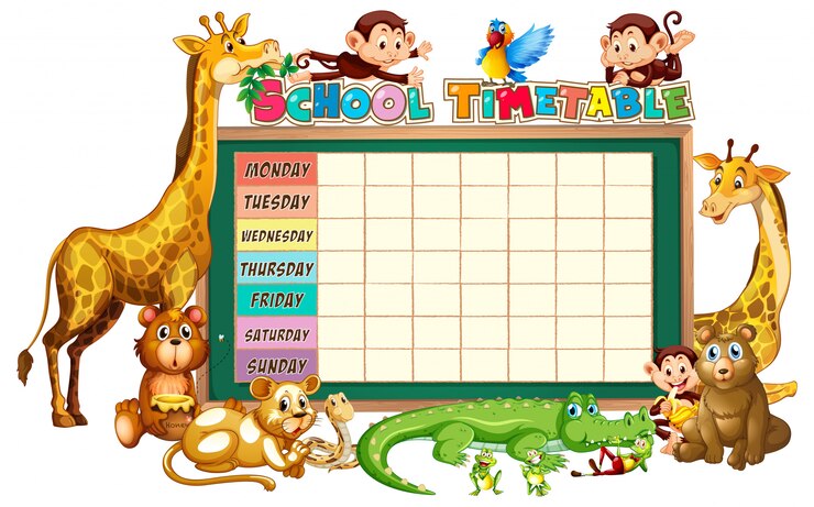 मुफ़्त वेक्टर diverse group of animals around school timetable planner