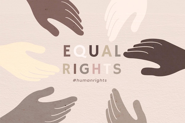 Diverse hands united vector 'equal rights' colorful background