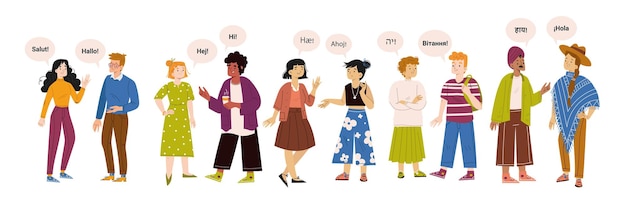 こんにちはと言っている多様な多言語の人々のグループ