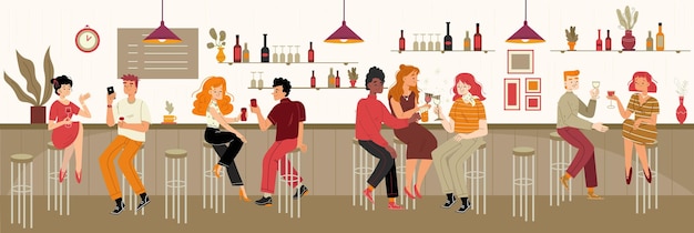 Бесплатное векторное изображение Разные люди пьют алкоголь в баре