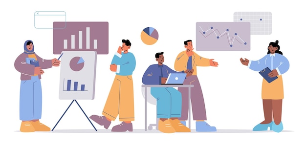 Diverse people team work with analytic data on dashboard with graphs and charts vector flat illustration of business analysis teamwork of multiracial employees