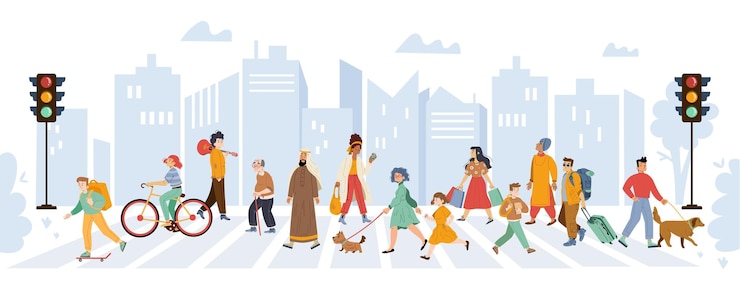 Free Vector diverse people walk on pedestrian crosswalk