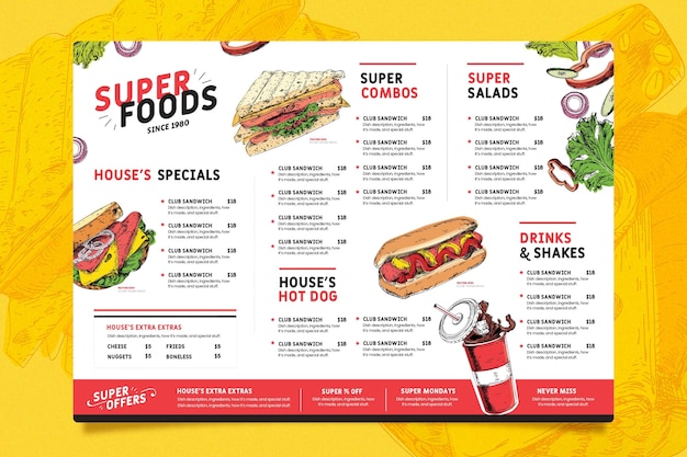 Бесплатное векторное изображение Шаблон меню разнообразного ресторана
