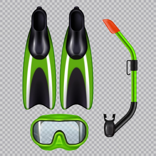 Vettore gratuito set realistico di accessori per immersioni con maschera per tubo di respirazione e pinne verde su trasparente