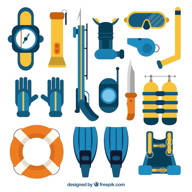 Diving equipment collection in flat design