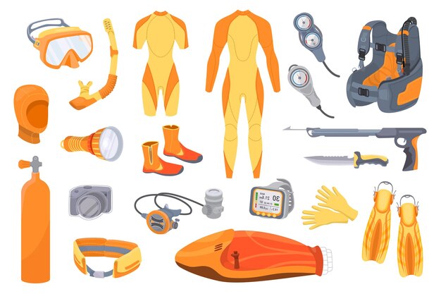 Плоский набор оборудования для дайвинга с изолированными иконками носимых частей костюма, масок и векторной иллюстрации подводных дыхательных аппаратов