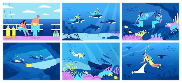 Плоский плакат для дайвинга с людьми, занимающимися подводным плаванием под водой, изолированная векторная иллюстрация
