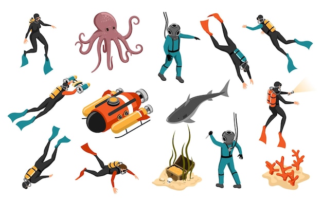 Diving isometric icons cartoon set of people in diving suits with scuba and underwater inhabitants isolated vector illustration