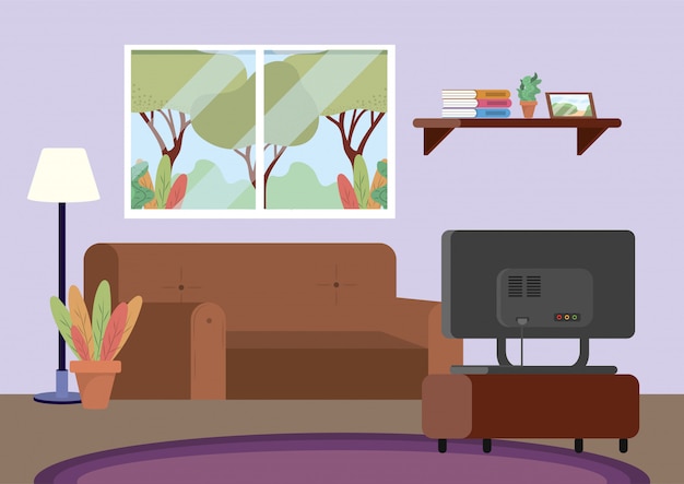 Бесплатное векторное изображение Комната для дайвинга с диваном и телевизором