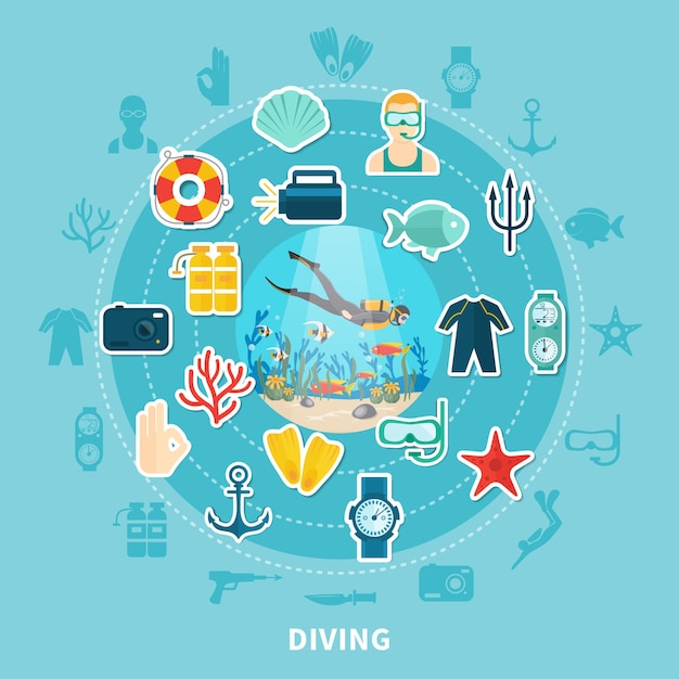 Free vector diving round composition with scuba equipment, lifebuoy and underwater wildlife