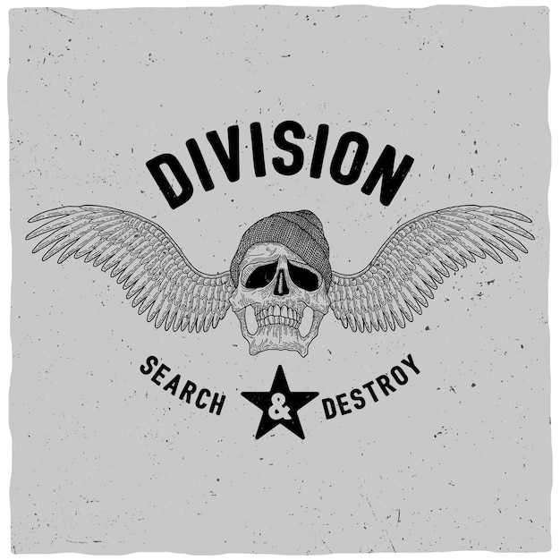 Division Search And Destroy Poster with skull in hat and wings illustration