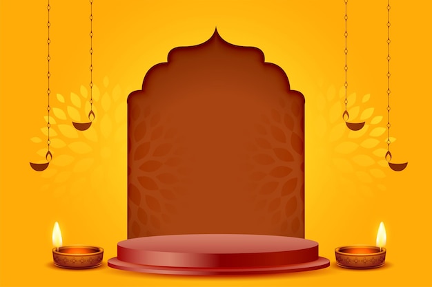 Free vector diwali banner with diya and 3d podium for product display