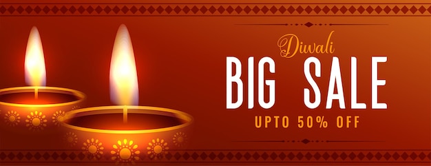Free vector diwali big sale wide web banner with two glowing diya