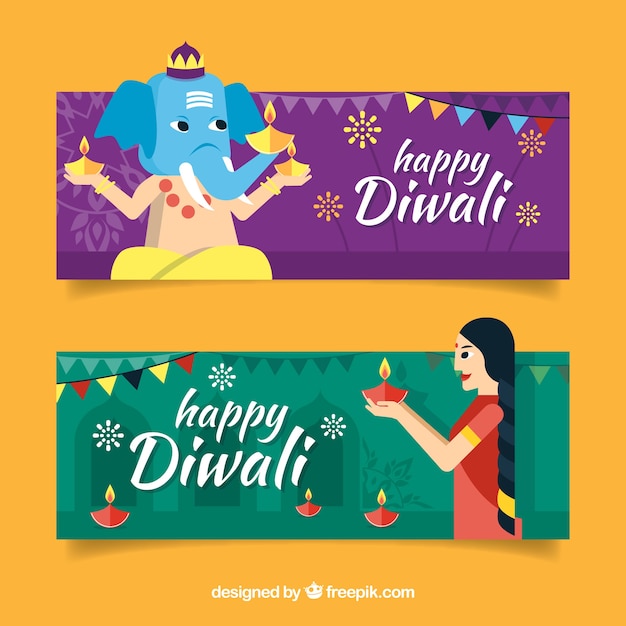 Bandiere di celebrazione diwali in design piatto