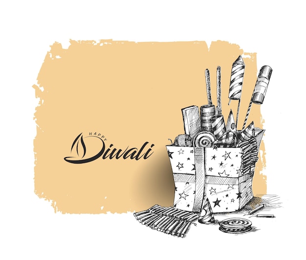 Diwali crackers with gift box, hand drawn sketch vector illustration.