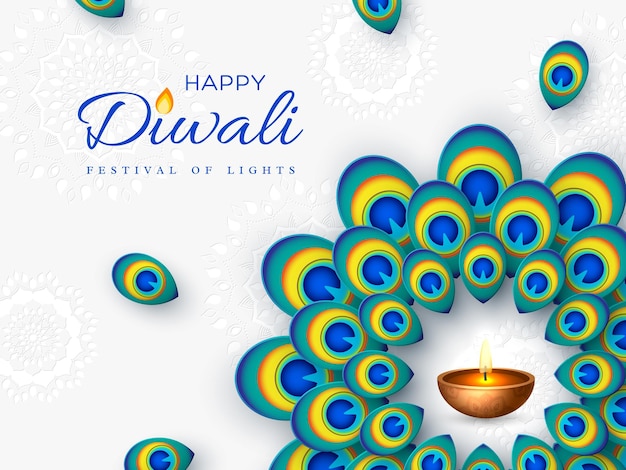 Diwali festival holiday design with paper cut style of peacock feather and diya - oil lamp. round frame on white background. vector illustration.