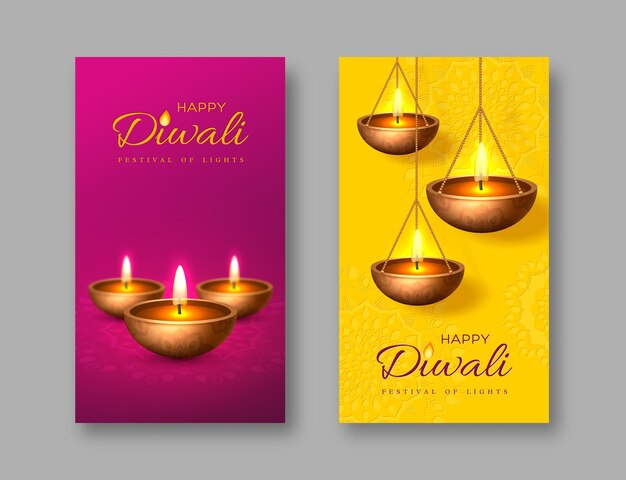 Diwali festival of lights holiday poster with diya - oil lamp. Purple and yellow rangoli background. Vector illustration.