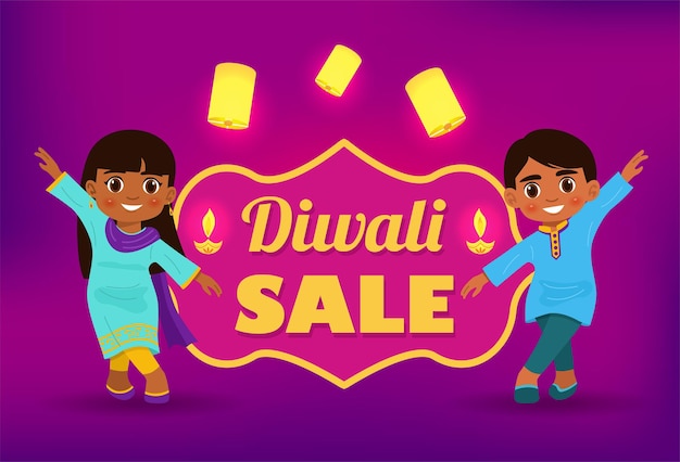 Diwali festival sale banner, indian kids in traditional costume dancing.