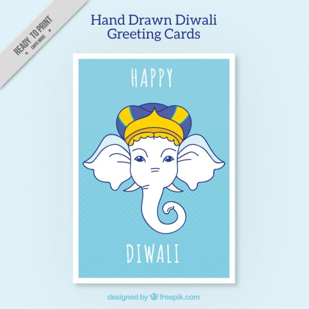 Free vector diwali greeting card with hand-drawn elephant