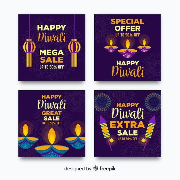 Vettore gratuito diwali instagram post collection