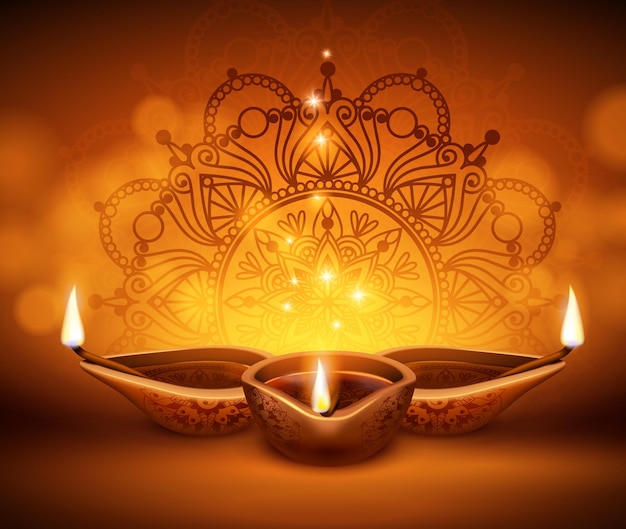 Free vector diwali lanterns realistic background with candles and blurred lights