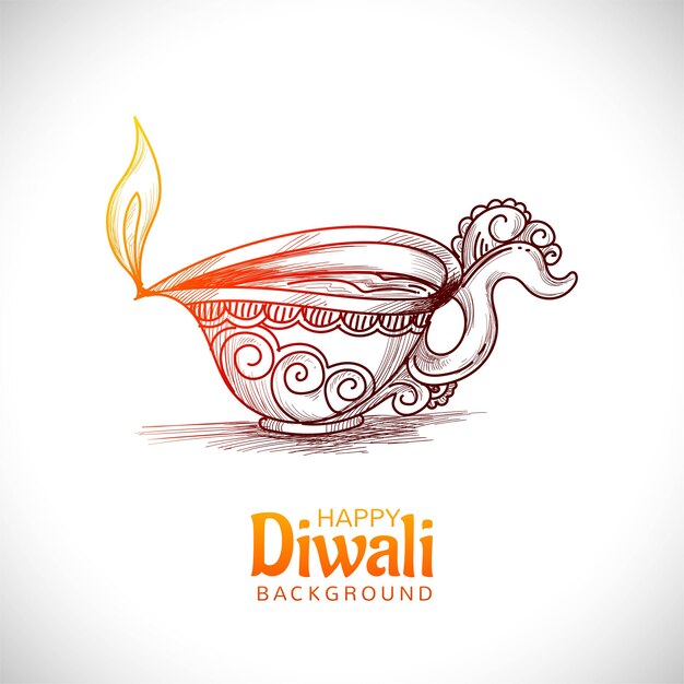 Diwali oil lamp festival hand draw sketch card design
