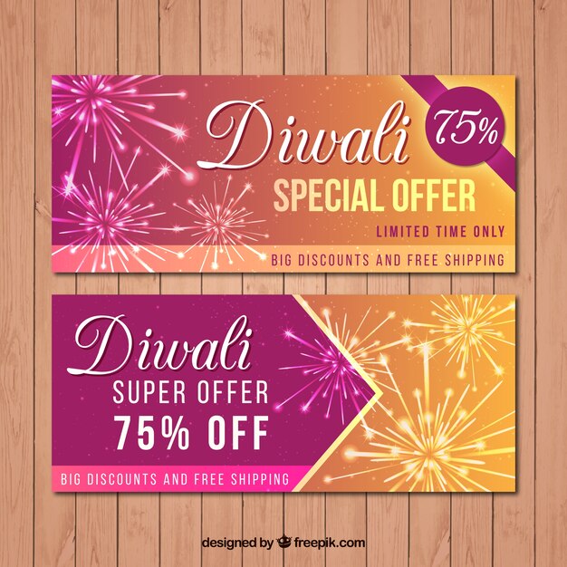 Diwali sale banners with fireworks
