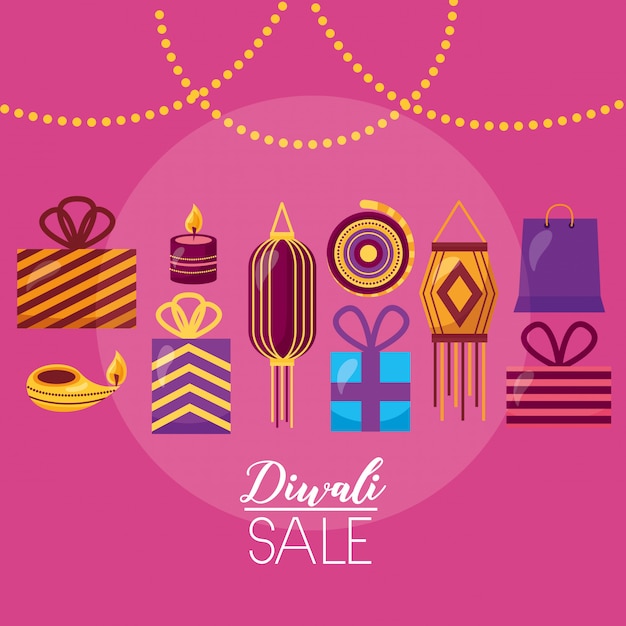 Free vector diwali sale card with lamps hanging celebration