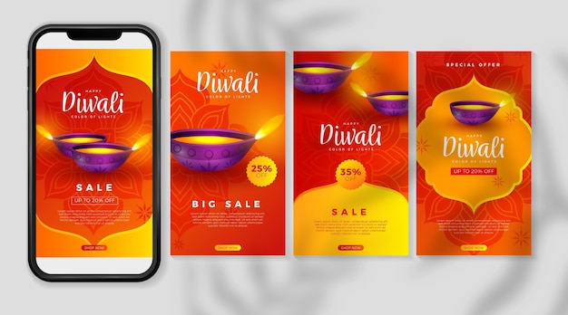 Vettore gratuito diwali vendita raccolta di storie di instagram