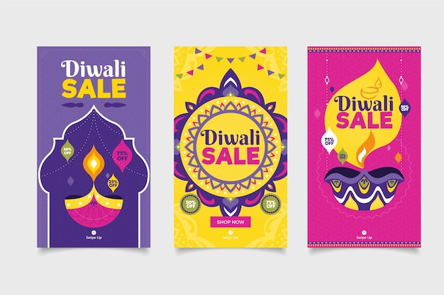 Vettore gratuito diwali vendita raccolta di storie di instagram