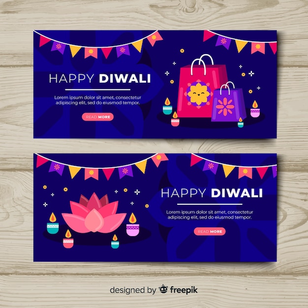 Коллекция баннеров Diwali с плоским дизайном