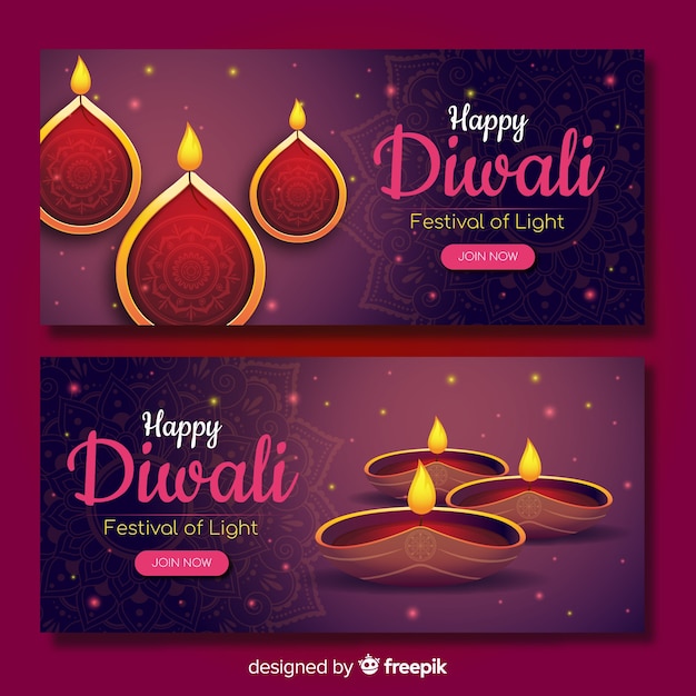 Vettore gratuito collezione di banner web diwali con un design realistico