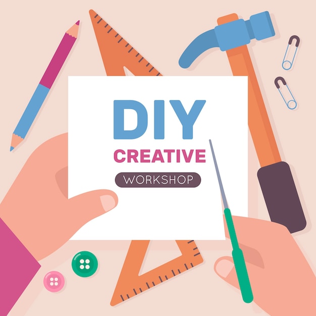 Concetto creativo dell'officina di diy con le mani facendo uso delle forbici