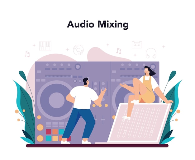 Dj concept person standing at turntable mixer make music in club club music composer with headphones isolated flat vector illustration