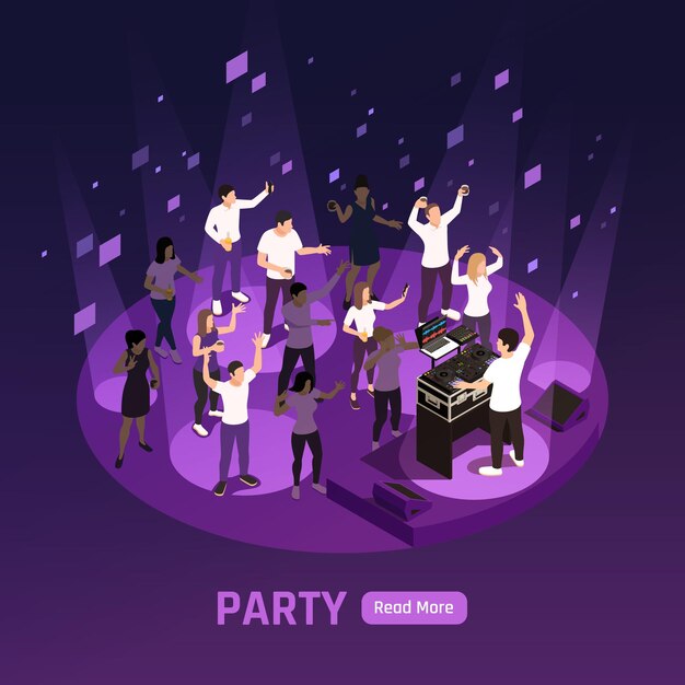 Dj  disco  stage  laser  projector  strobe  lights  effects  dark  violet  night  party banner  isometric  composition