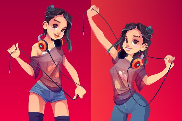 Dj girl in headphones modern clothes and hairstyle