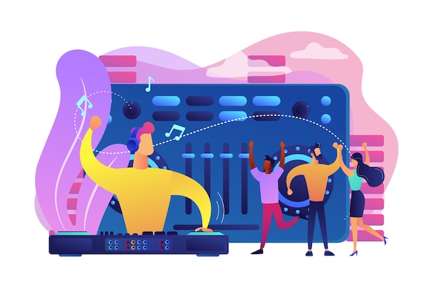 Free vector dj in headphones at turntable playing music and tiny people dancing at party. electronic music, dj music set, djing school courses concept.