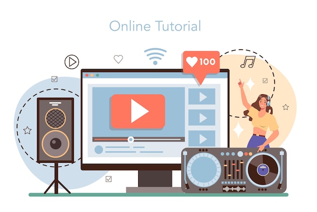 DJオンラインサービスまたはプラットフォームターンテーブルミキサーに立っている人がクラブで音楽を作るヘッドホンでクラブ音楽作曲家オンラインチュートリアルフラットベクトルイラスト
