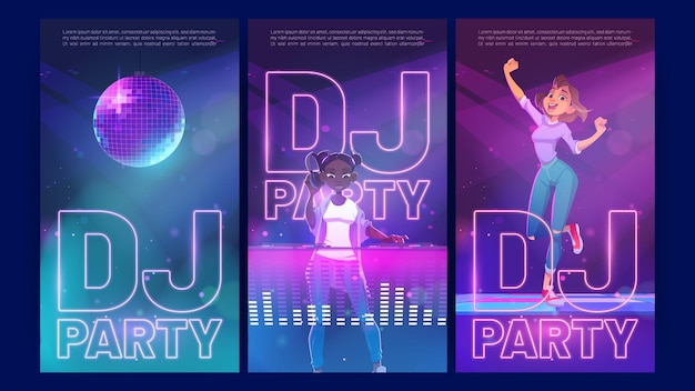Dj party мультипликационные плакаты с приглашением женщина танцует в ночном клубе с африканской девушкой диск-жокей с наушниками, играющими музыку на консоли во время танцевального фестиваля или музыкального баттла Векторные рекламные листовки